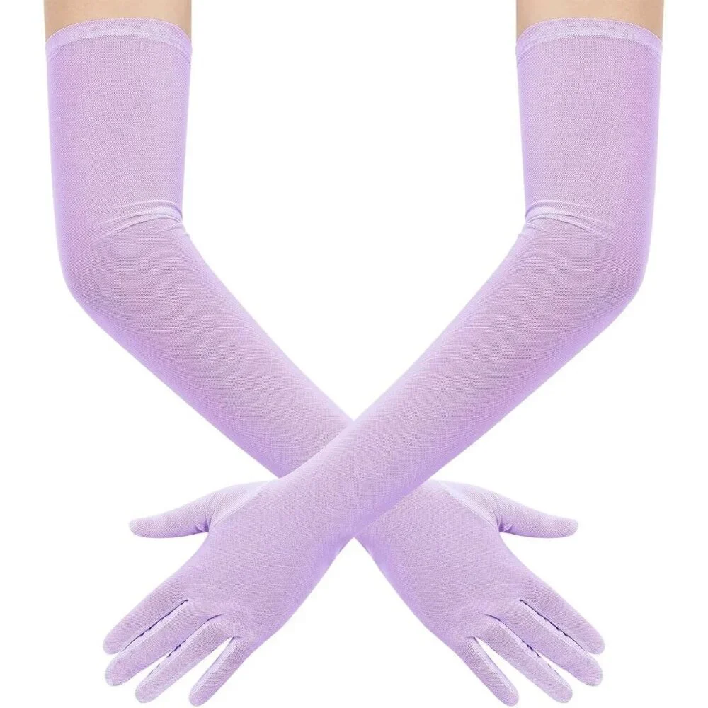 Women's Tulle Mesh Lavender Long Stretchy Gloves Halloween Party Wedding Costume